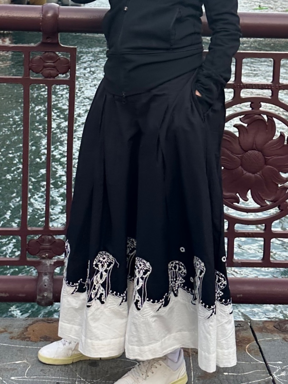 Maeve Dark Navy Culottes with hand embroidered detail at the bottom. US 6